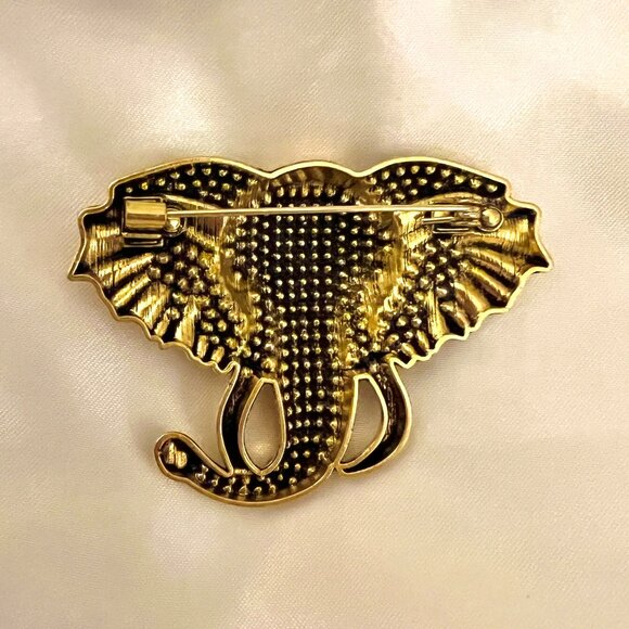 🧷🐘Vintage Elephant Brooch - Gold-Tone Metal With Crystals, Enamel - Picture 2 of 4
